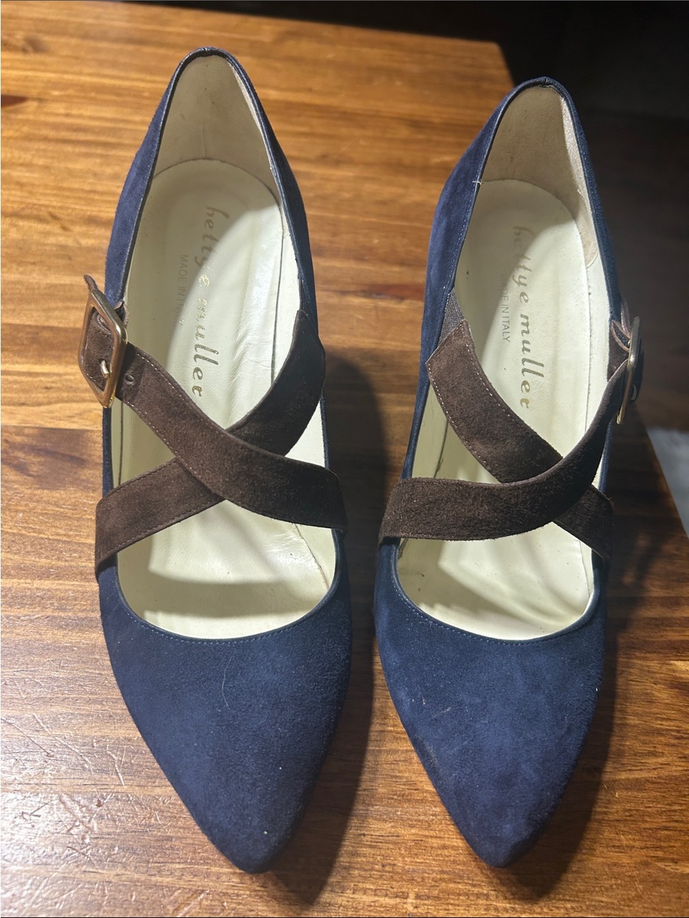 bettye muller Navy Suede Pointed Heels with Brown Cross Straps
